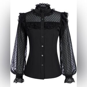 Women's Victorian Lace Tops Polka Dot Button Down Long Sleeve Shirt